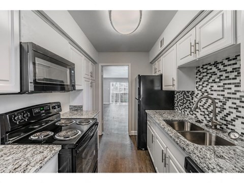 a kitchen with a sink and a stove and a microwave